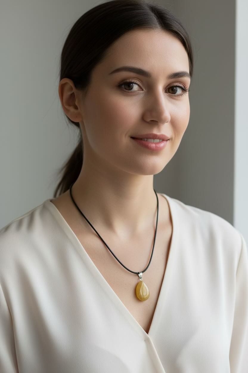 A woman with dark hair tied back wears a black cord necklace with a polished yellow teardrop pendant, paired with a cream-colored satin blouse, set against a soft gray background.