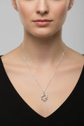 A silver chain necklace with a round swirling dolphin pendant, displayed on a model wearing a black top.