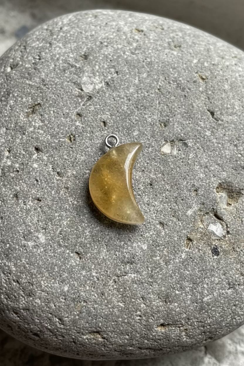 Orange/clear moon-shaped pendant on a textured stone surface