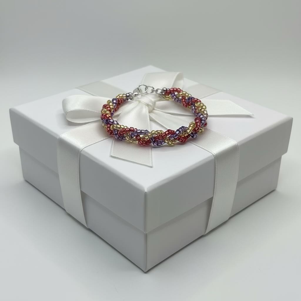 Colorful beaded bracelet on a white gift box with a white ribbon