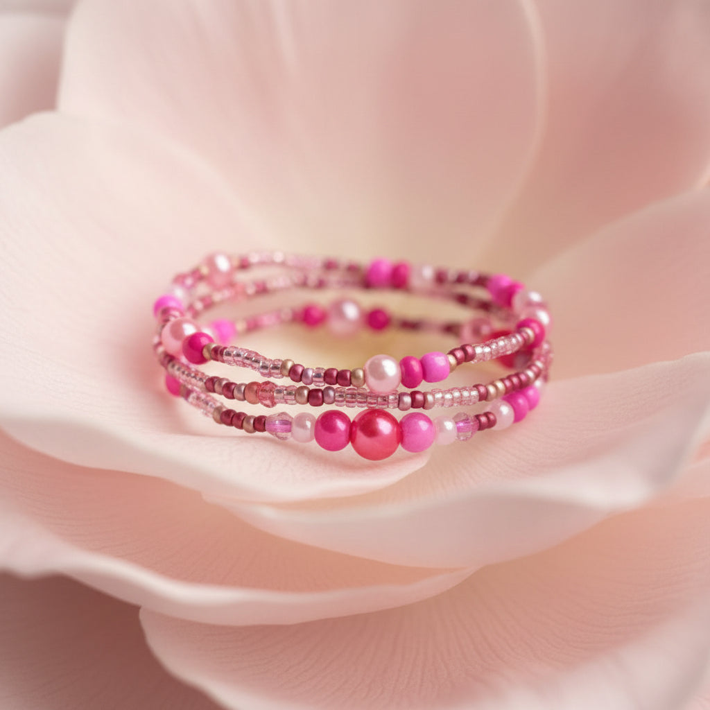 Pink beaded triple bracelet set on a large petal