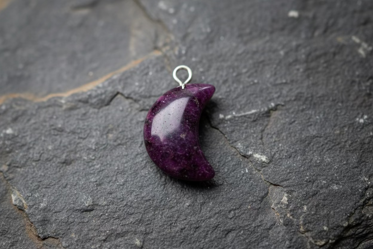 Purple crescent moon pendant on a light gray background