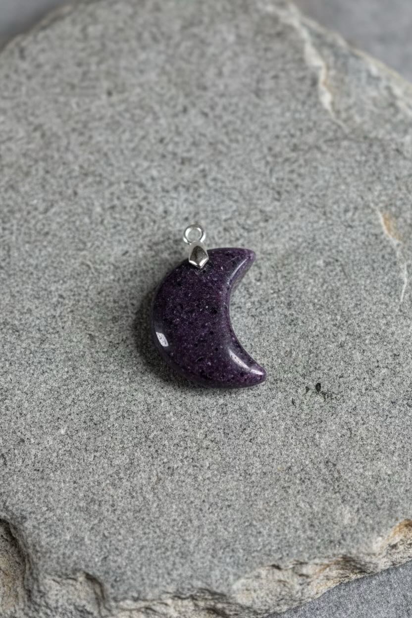 Purple crescent moon-shaped pendant on a textured stone surface