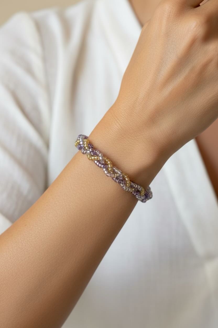 Close-up of a wrist wearing a colorful beaded bracelet against a white background