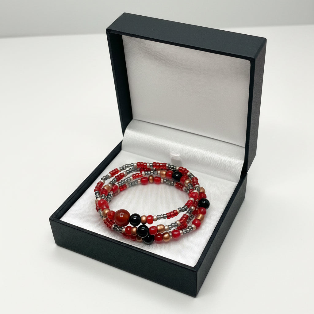 Red pearl/bead triple bracelet set in a black gift box