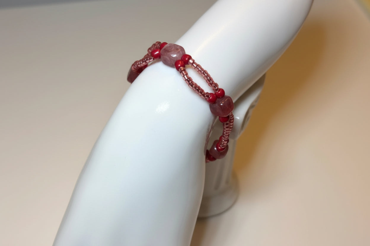 Handmade elasticated double strand bracelet in red square stone by Majestic Gems by Sarah