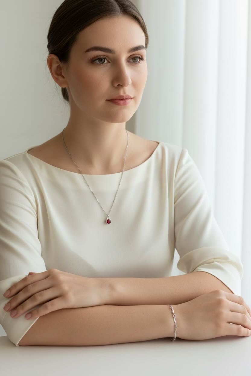 A woman with her hair pulled back wears a delicate silver necklace with a small red birthstone pendant and a silver bracelet, paired with a cream-colored top against a soft, bright background.