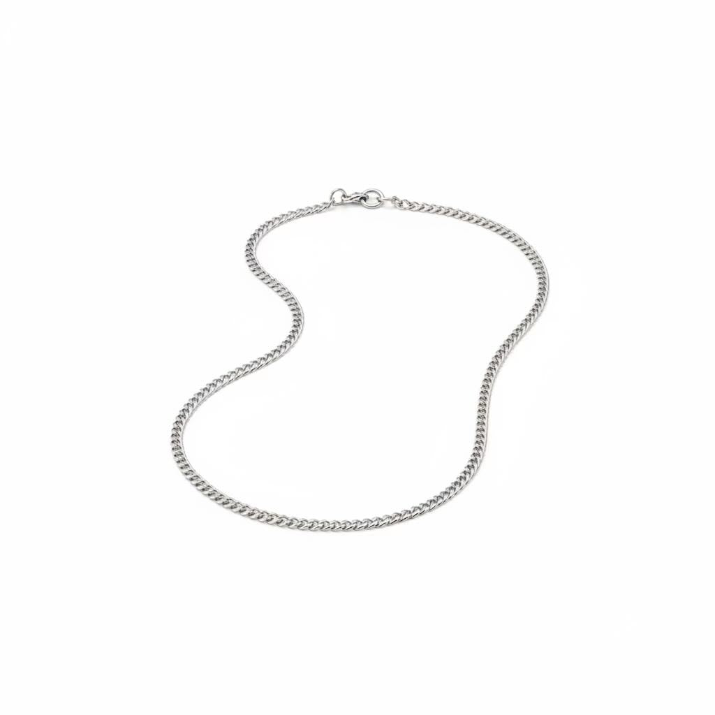 A silver-toned metal chain necklace with a lobster clasp, displayed on a clean white background.