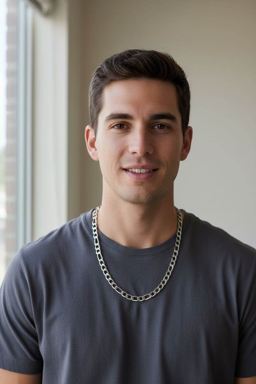 A smiling man with short dark hair wearing a dark gray t-shirt and a chunky silver chain necklace, photographed in a bright indoor setting.