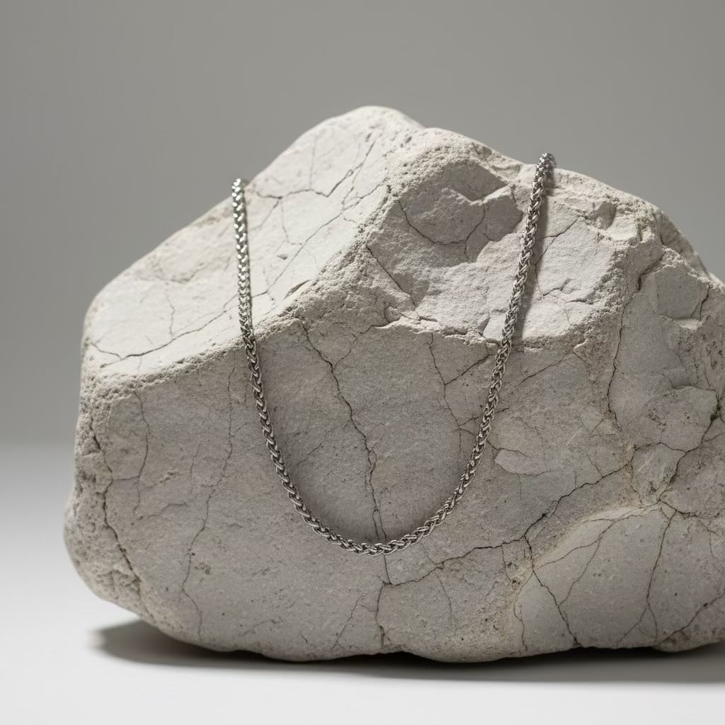 A silver-toned metal chain necklace draped over a textured, light gray stone prop against a neutral gray studio background.