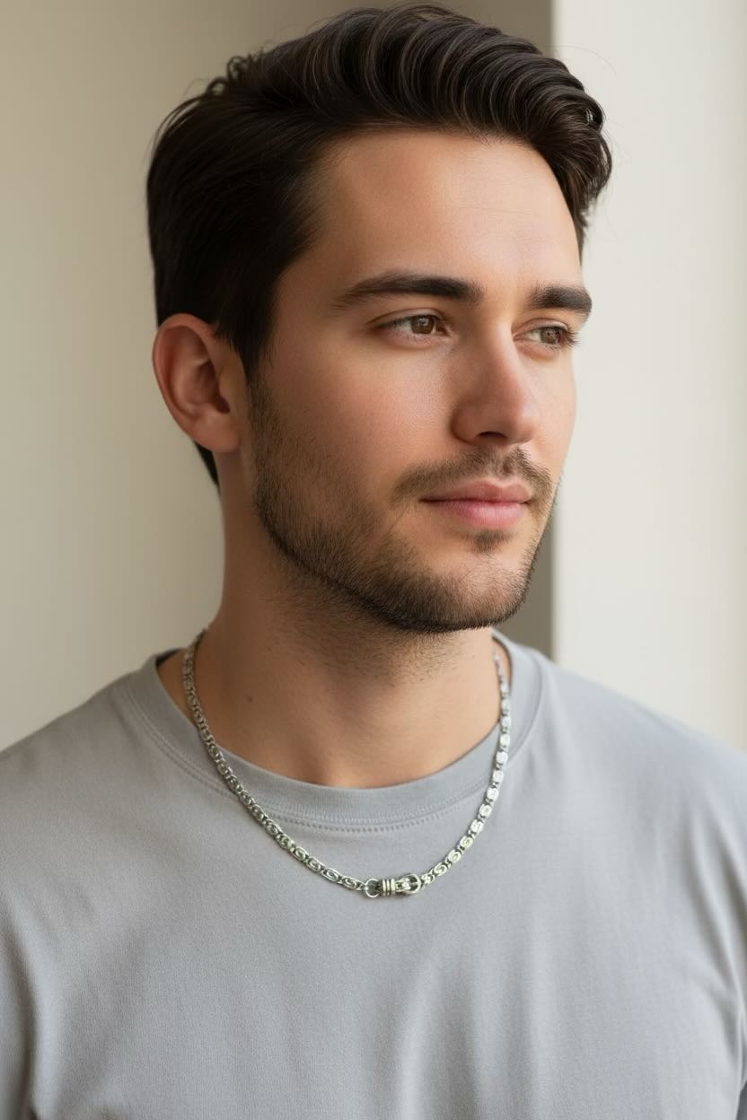 A close-up portrait of a man with dark hair and a light beard, wearing a silver chain necklace with a central rectangular charm, against a soft beige background.