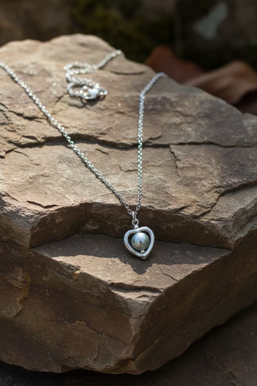 A silver heart pendant necklace with a aqua blue pearl, displayed on a textured brown rock outdoors.