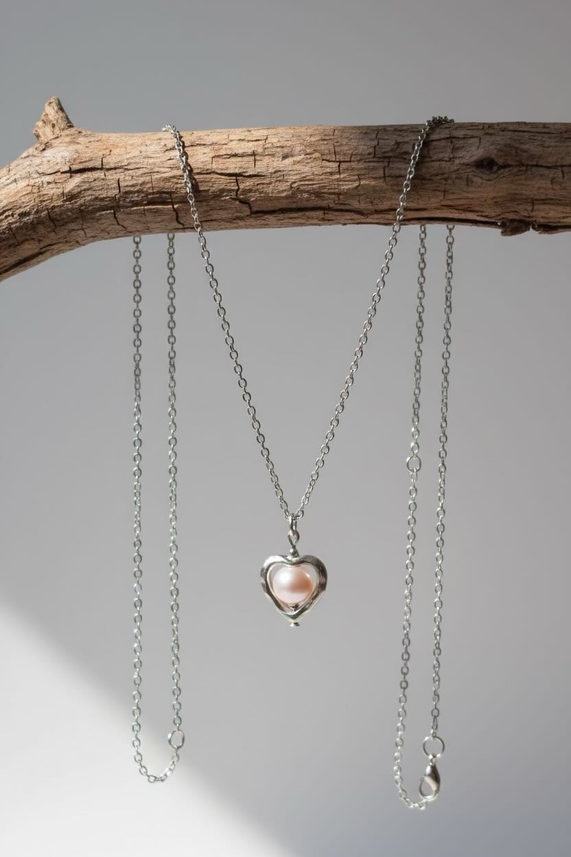 A silver heart pendant necklace with a baby pink pearl, hanging from a rustic wooden branch against a neutral gray background.