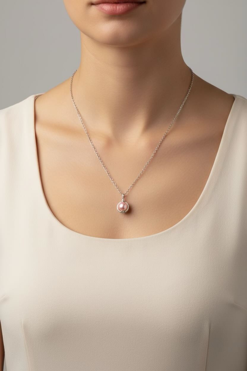 A close-up of a model wearing a delicate silver chain necklace with a small round baby pink pearl pendant, paired with a cream-colored scoop-neck top against a neutral gray background.