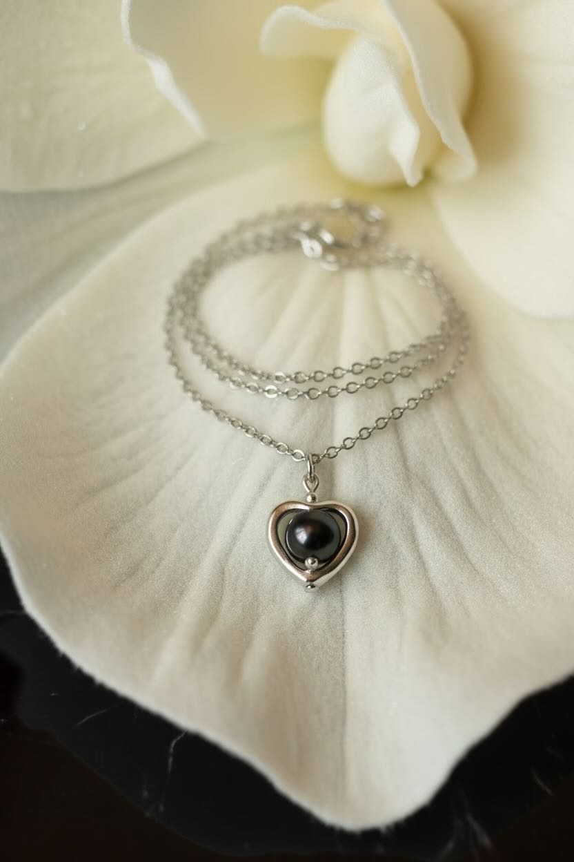 A silver chain necklace with a heart-shaped pendant featuring a black pearl, displayed on a large white flower petal.