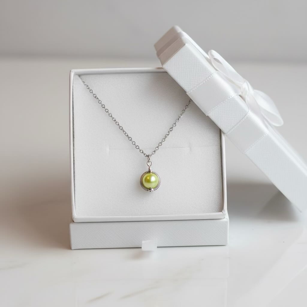 A silver chain necklace with a small round champagne yellow pearl pendant, displayed inside an open white gift box with the lid leaning against it.