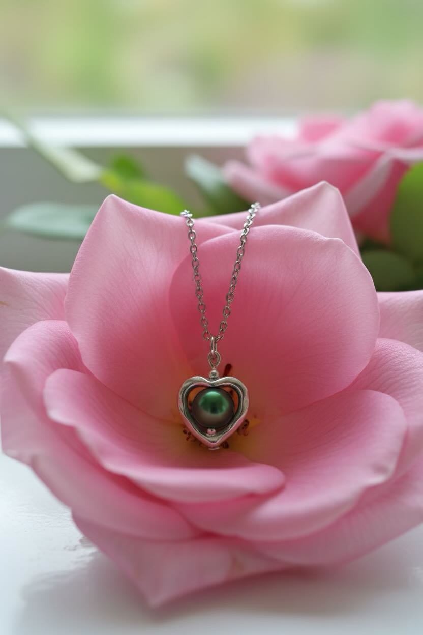 A silver heart pendant necklace with a dark green pearl, displayed on a large pink rose with a soft, blurred background.