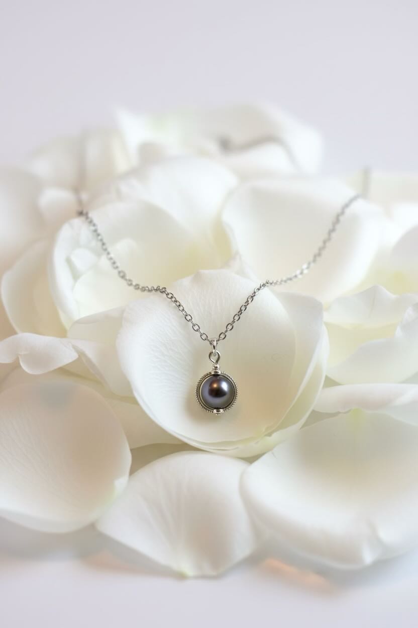 A delicate silver necklace with a dark gray round pearl pendant, resting on soft white rose petals against a light background.