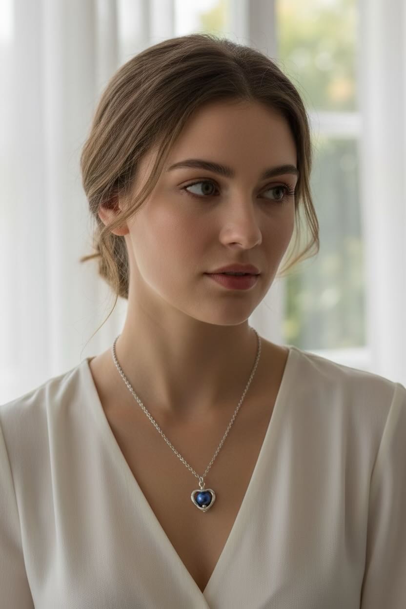 A woman wearing a silver heart-shaped pendant necklace with a dark royal blue center, styled with a cream-colored top in a softly lit indoor setting.