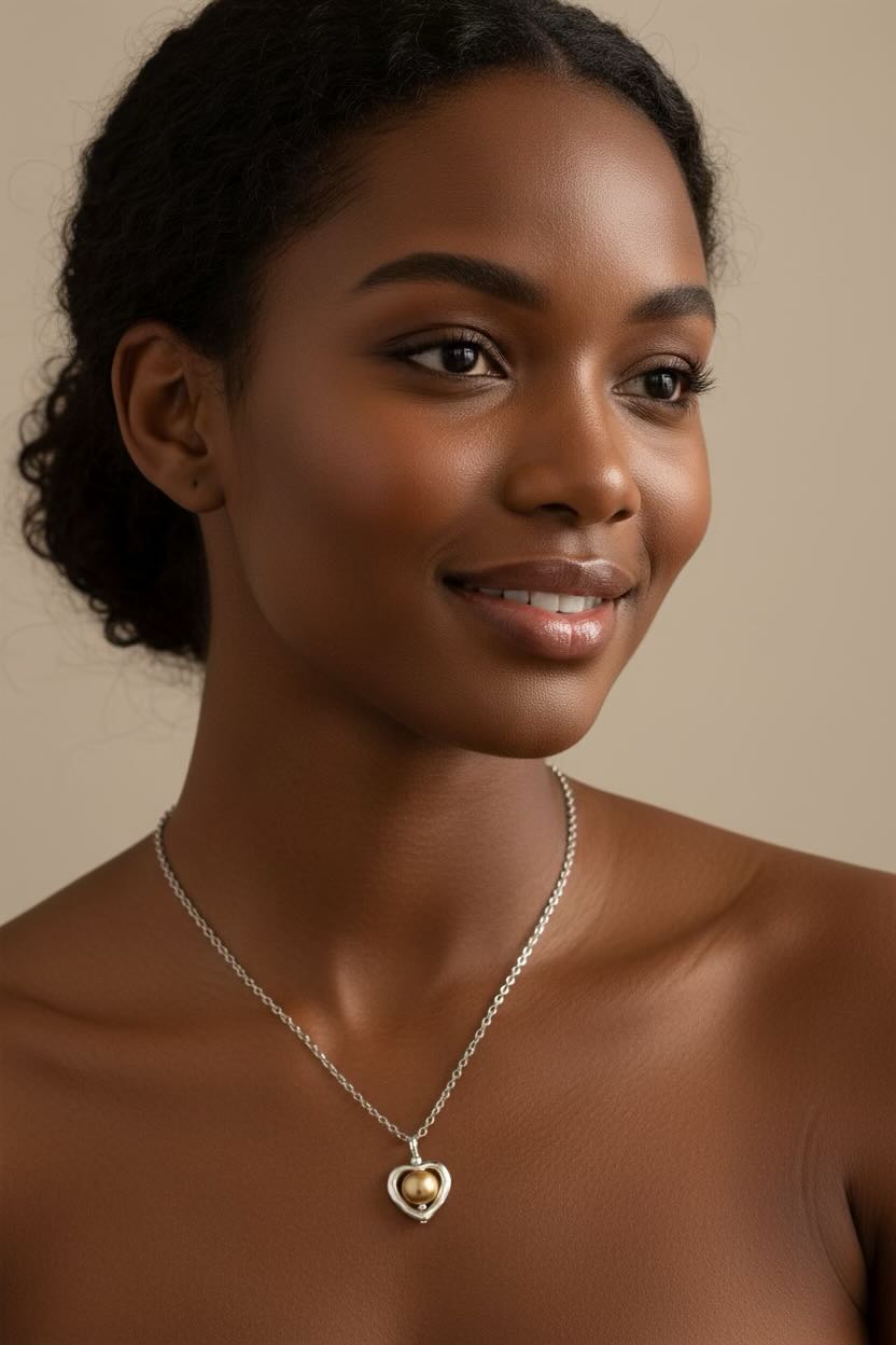A woman wearing a delicate silver chain necklace with a heart-shaped pendant featuring a gold pearl,  set against a warm beige background.