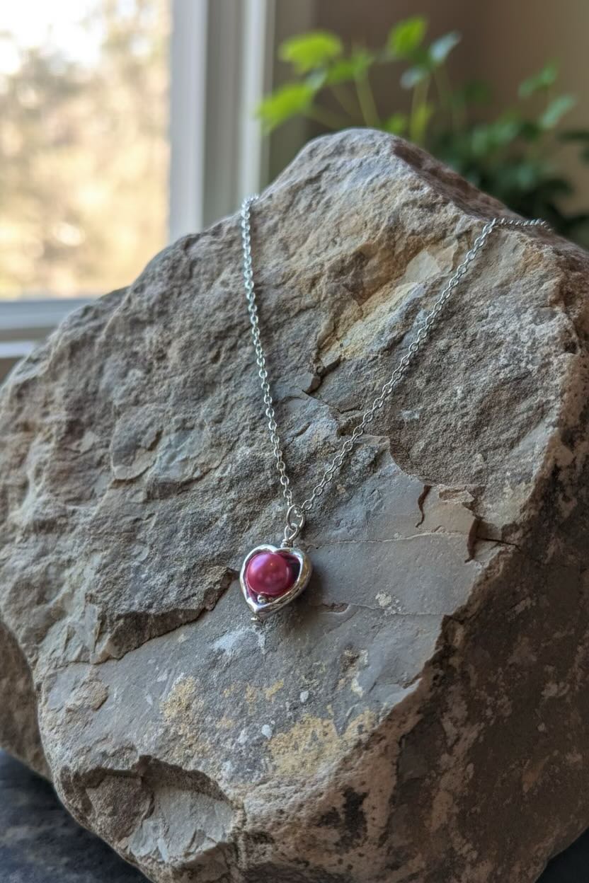 A silver heart pendant necklace with a hot pink pearl encased in a heart pendant, displayed on a textured gray rock with a blurred window and plant in the background.