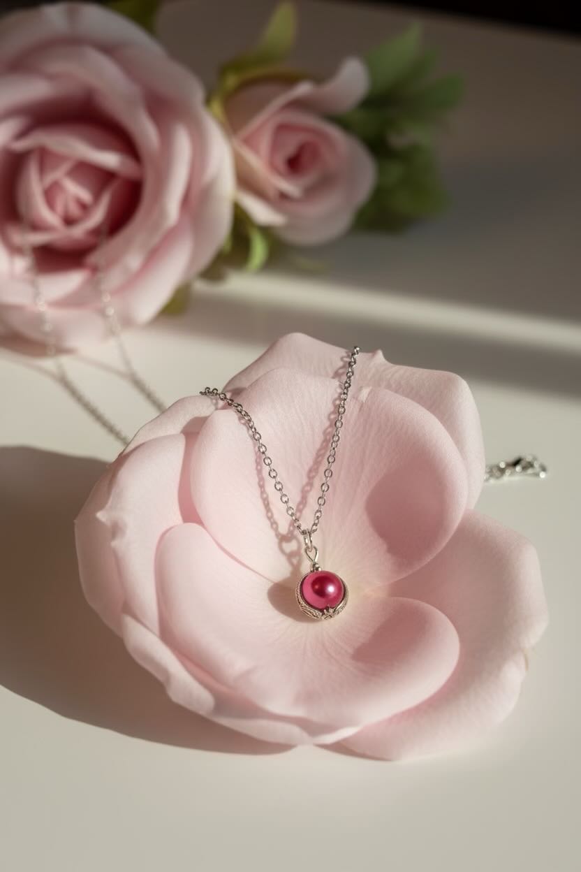 A delicate silver necklace with a round hot pink pearl pendant, displayed on a large pink rose against a warm, softly lit background with blurred pink roses.
