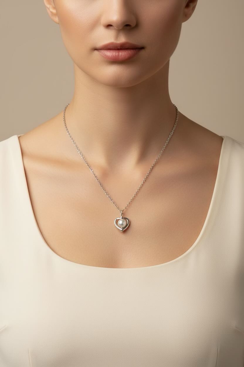 A close-up of a model wearing a delicate silver chain necklace with a heart-shaped pendant featuring a light grey pearl, paired with a cream-colored scoop-neck top.