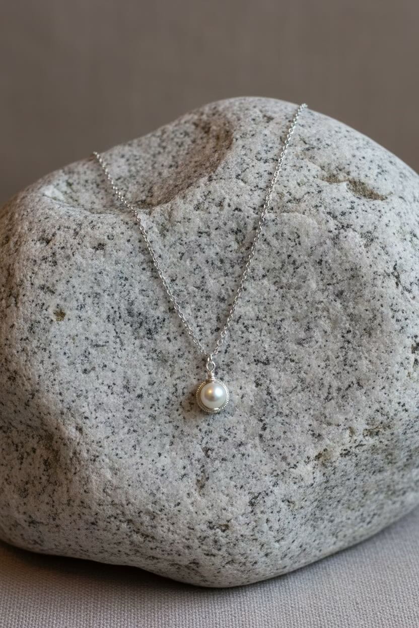 A delicate silver chain necklace with a single light grey pearl pendant, displayed draped over a textured gray stone on a neutral beige fabric surface.