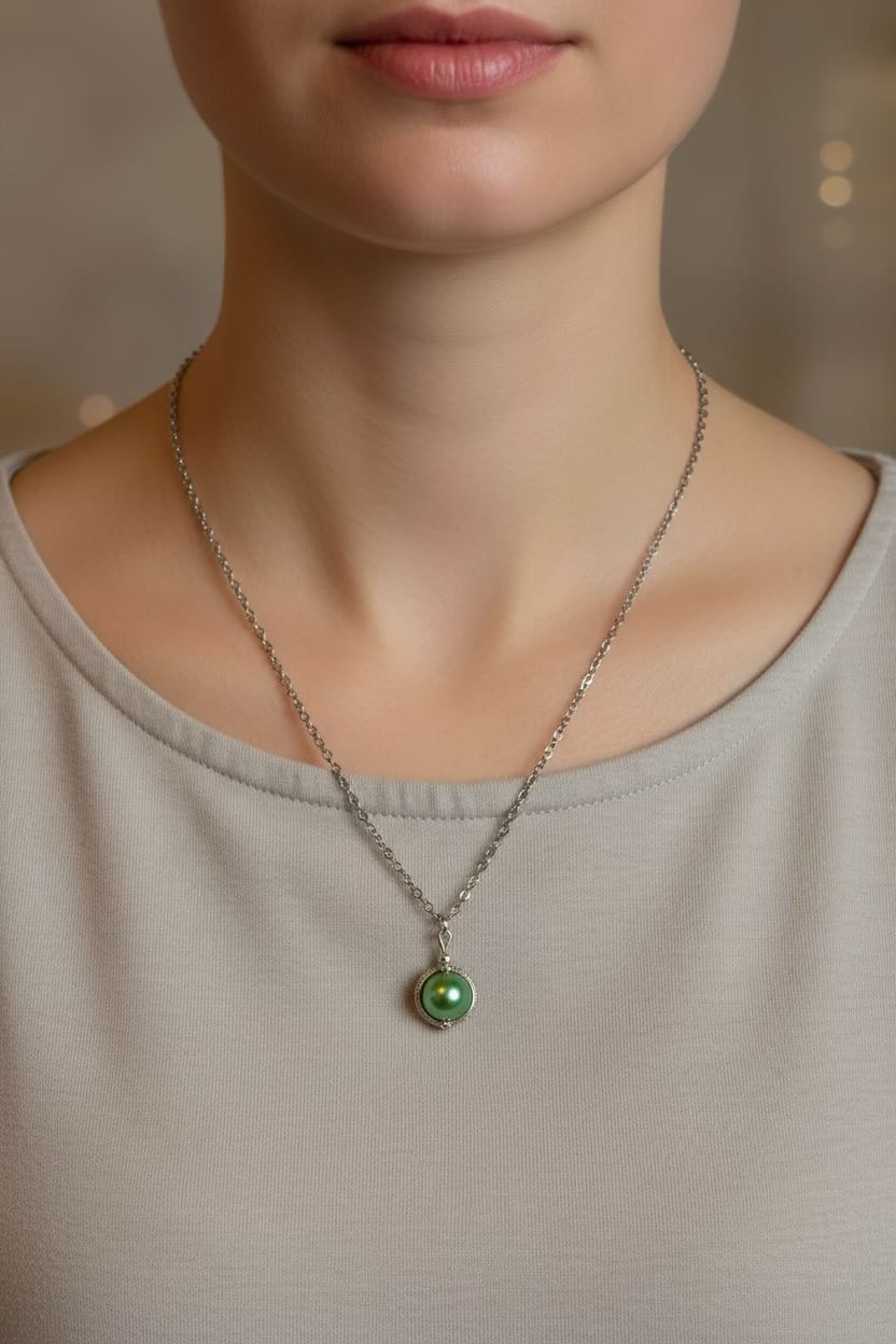 A close-up of a model wearing a delicate silver chain necklace with a small light sea green pearl pendant, paired with a light beige top.