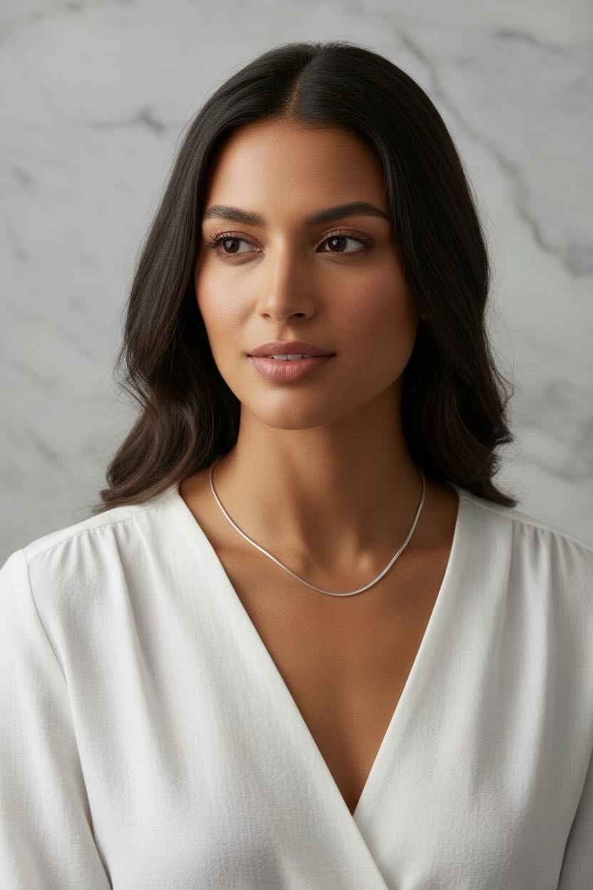 A woman with dark hair wearing a delicate silver chain necklace and a white V-neck top, photographed against a light gray marble wall.