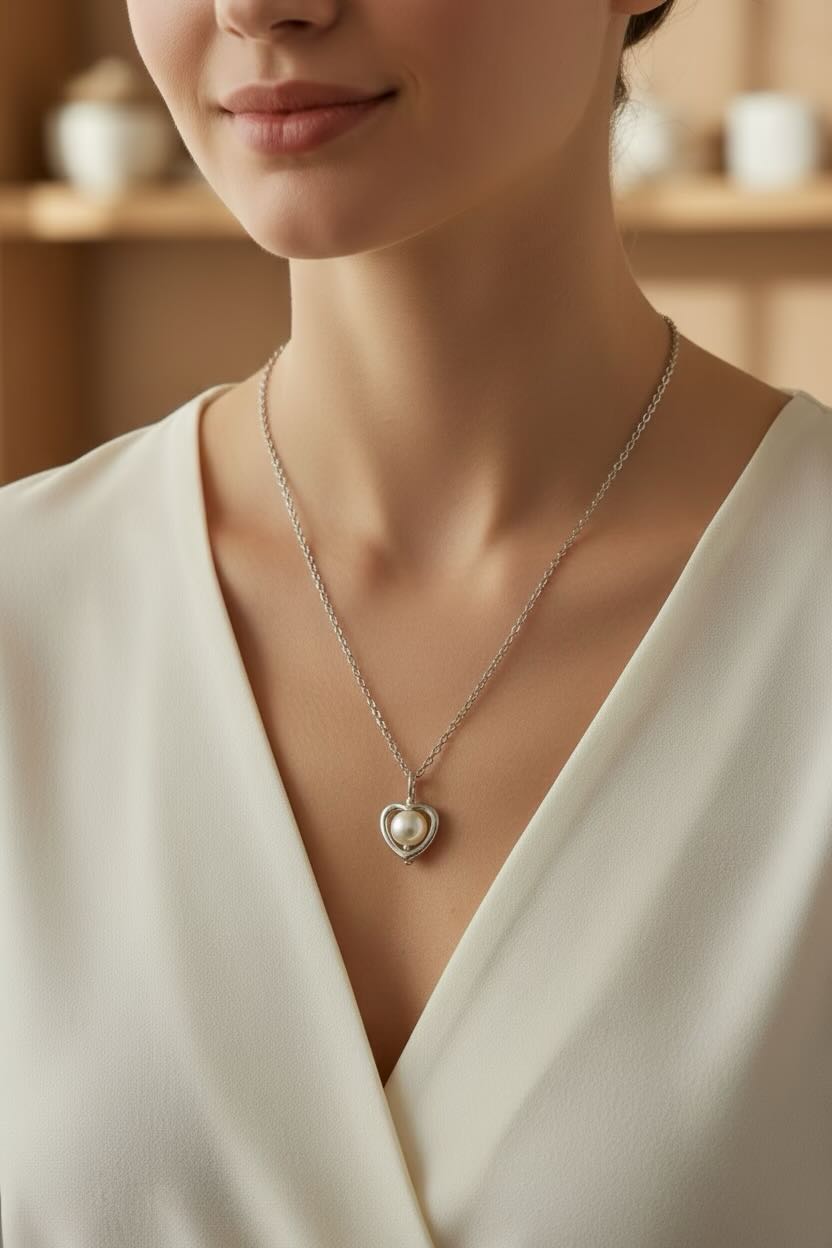 A close-up of a woman wearing a delicate silver heart pendant necklace with a pale cream pearl center, styled with a white V-neck top.