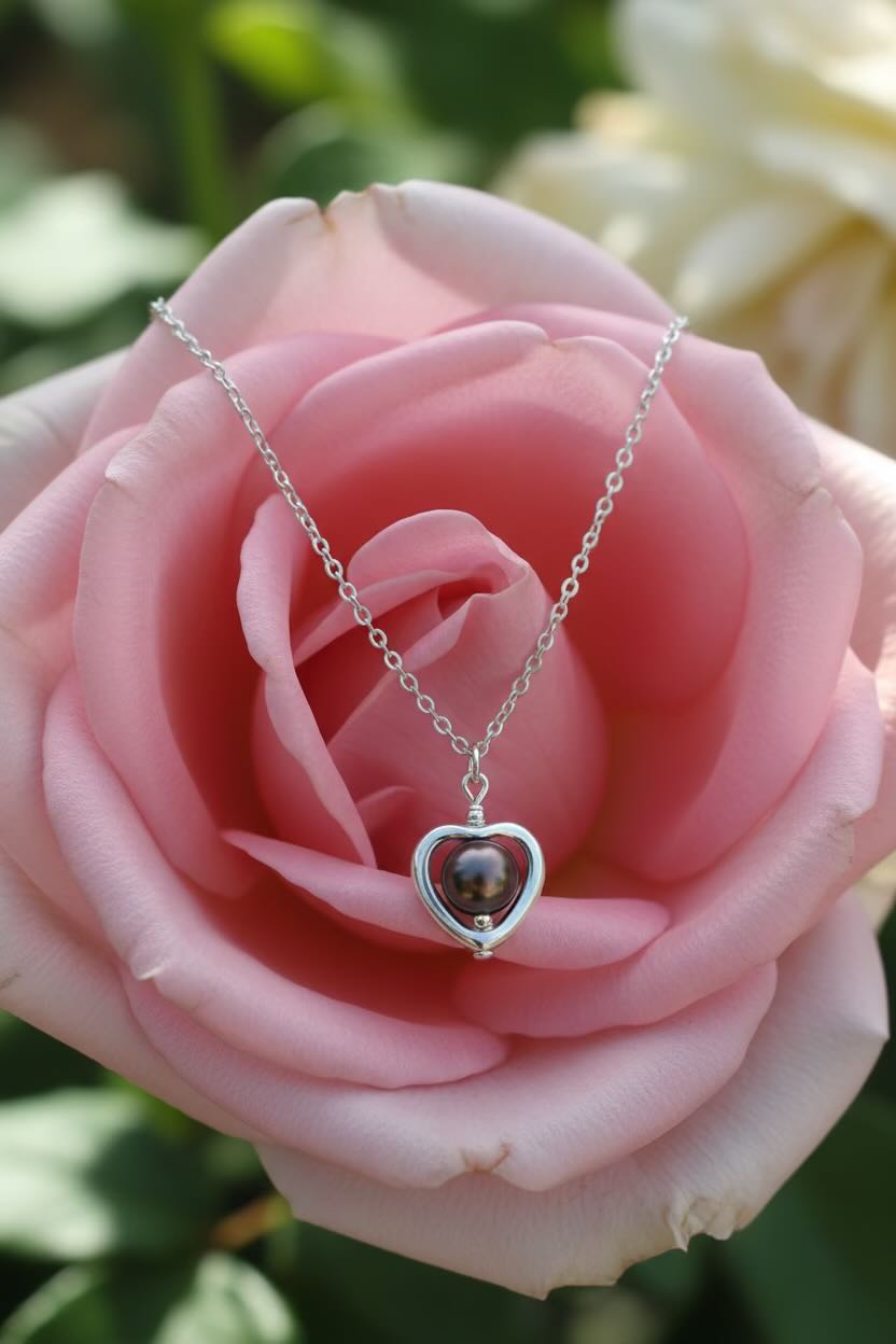 A silver heart pendant necklace resting on the petals of a pink rose, with a soft green and white blurred garden background.