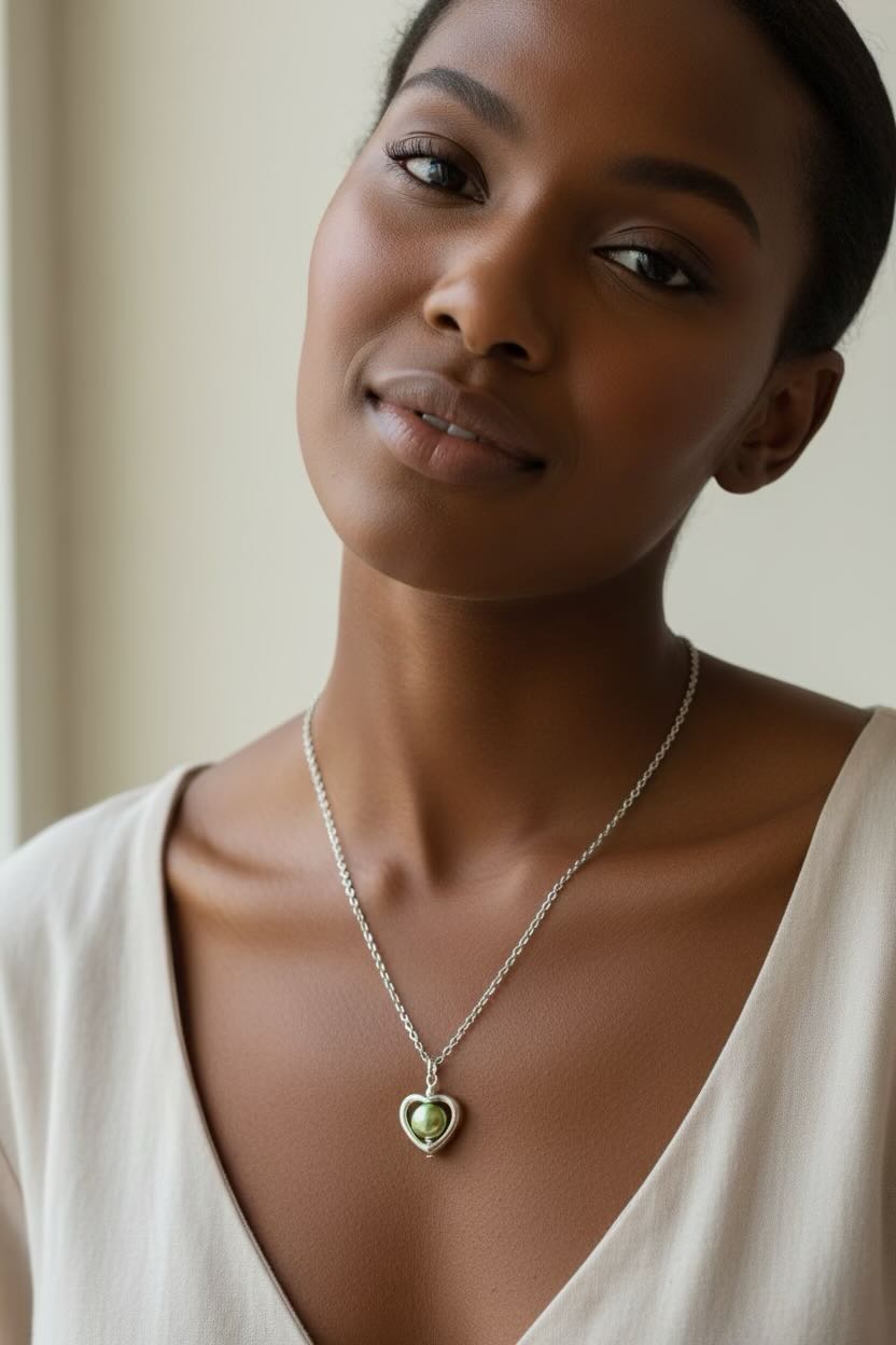 A close-up lifestyle shot of a woman wearing a delicate silver heart pendant necklace with a sage green pearl in a heart-shaped pendant, paired with a cream-colored top.