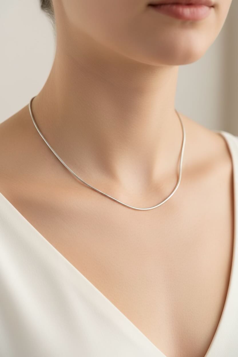 Silver necklace worn by a person in a white dress against a neutral background