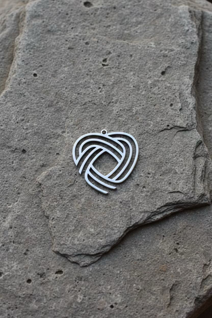 A silver-toned metal pendant with an abstract, Celtic love knot pendant, resting on a textured gray stone surface.