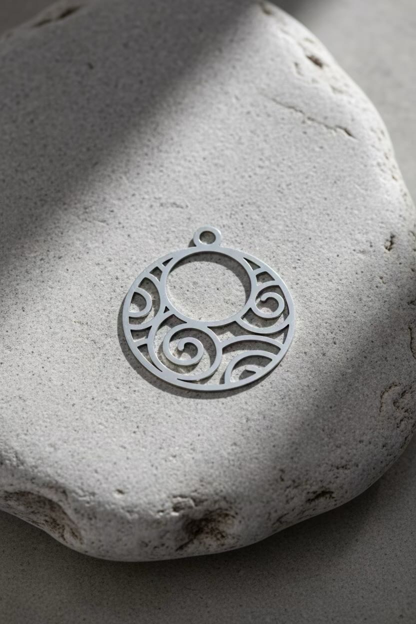 A silver-toned circular pendant with intricate scrollwork cutouts, displayed on a textured light gray stone surface.