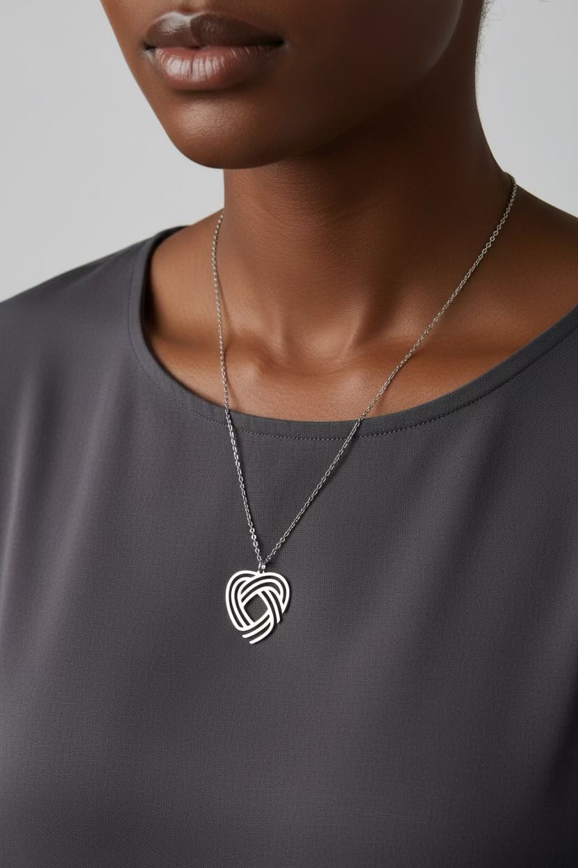 A close-up of a model wearing a silver pendant necklace with a stylized interlocking heart design, paired with a dark gray top against a neutral gray background.