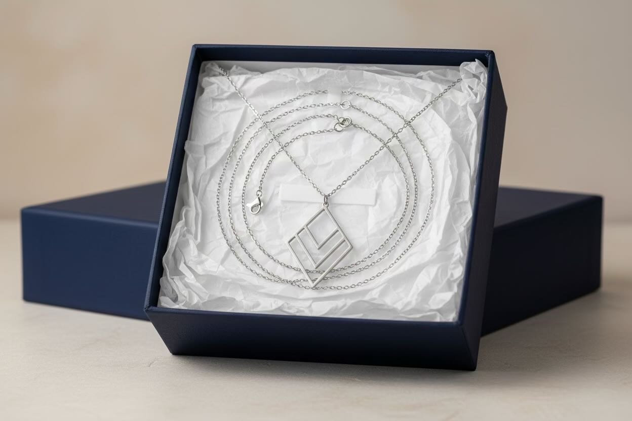 A silver layered diamond chevron pendant necklace displayed inside an open navy blue gift box with white tissue paper, with a matching navy box behind it on a light beige surface.
