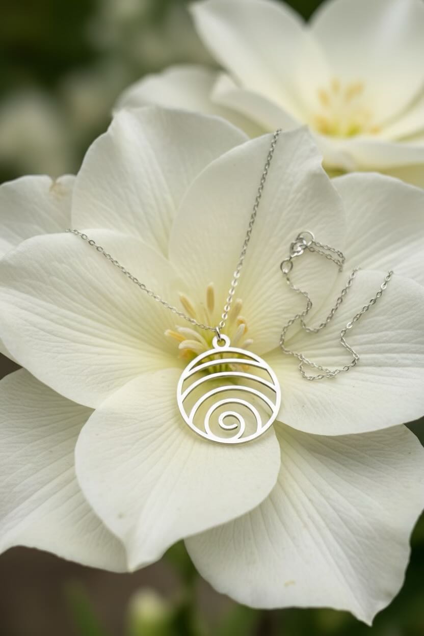 A silver pendant necklace with a concentric spiral design, displayed on the center of a large white flower with another necklace draped nearby.