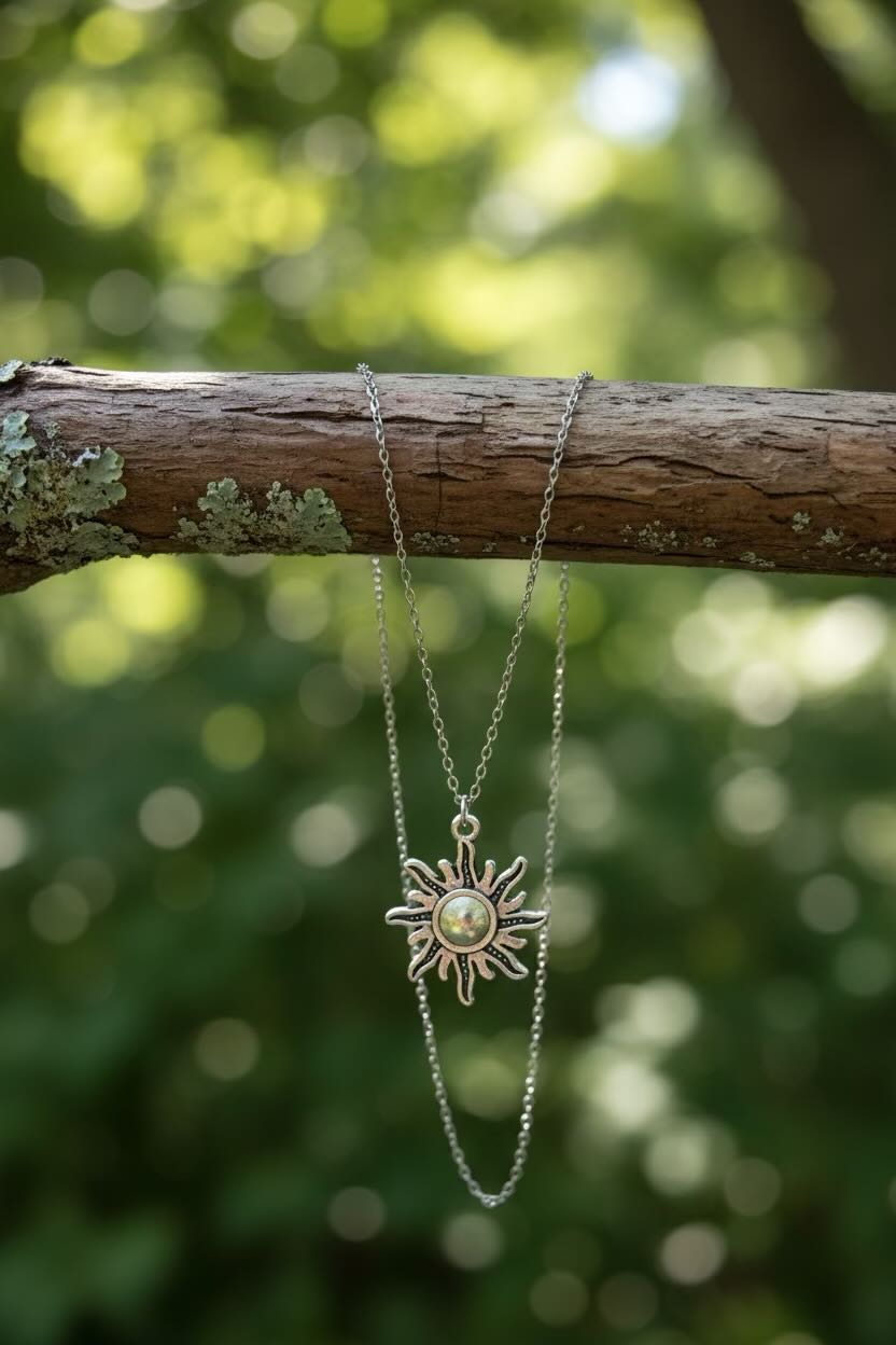 A silver-toned sunburst pendant necklace with a central iridescent pearl, hanging from a weathered tree branch against a blurred green forest background.