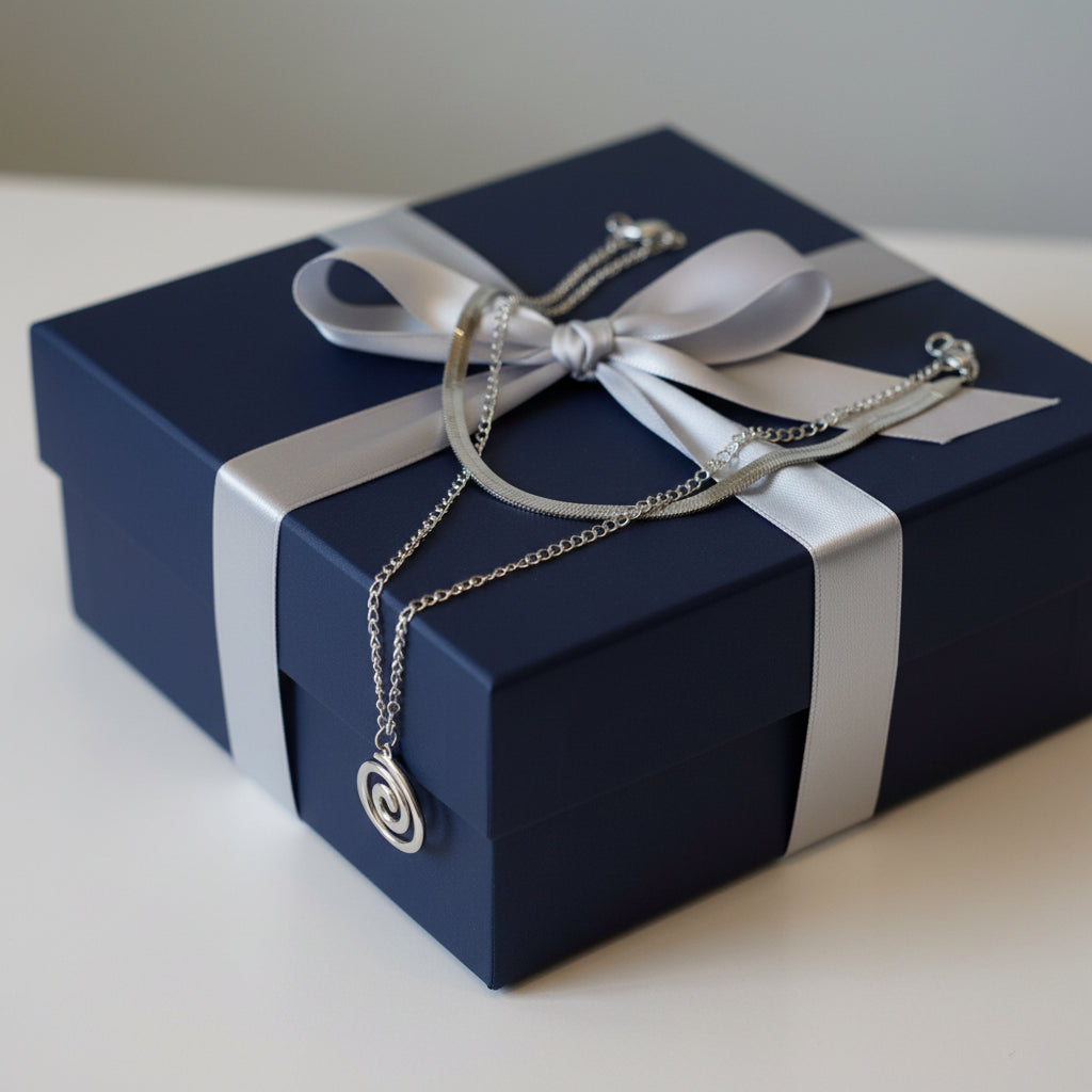 Silver chain necklace with a spiral pendant on a large blue gift box