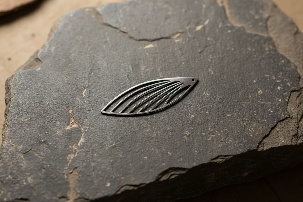 A small metallic feather wing-shaped pendant or charm with parallel slotted lines, shown resting on a dark textured stone surface.