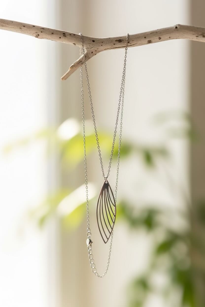 A silver-toned double-strand necklace with a delicate feather wing-shaped pendant hangs from a natural branch against a softly blurred indoor background with green foliage.