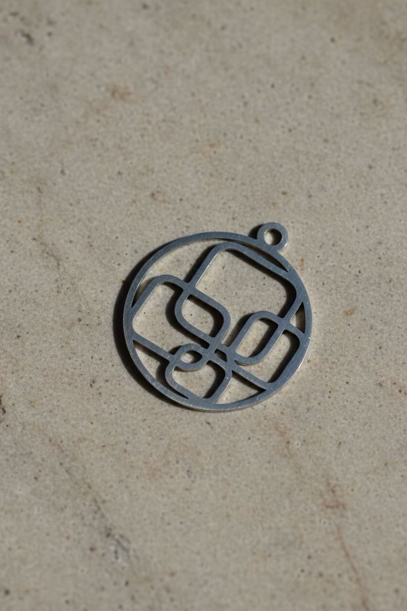 A circular metal pendant with an abstract geometric design, shown on a textured beige stone surface.