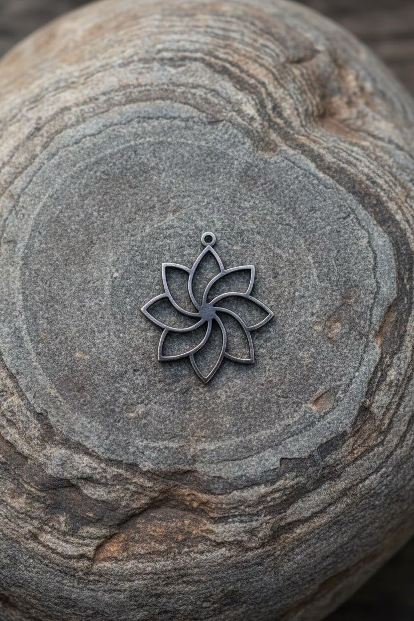 A dark metallic lotus-petal flower pendant with a small top loop, displayed on the textured surface of a gray stone.