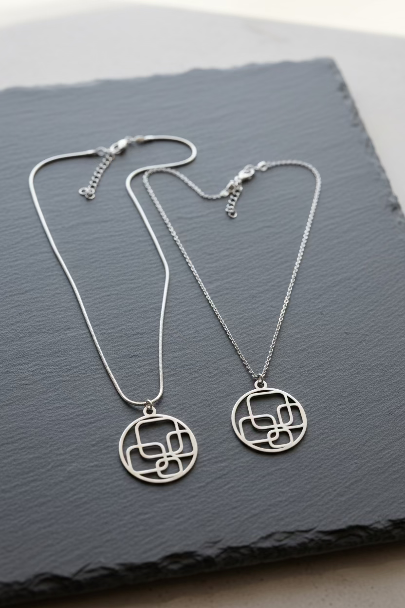 Two silver geometric pendant necklaces displayed on a dark slate tray against a light gray background.