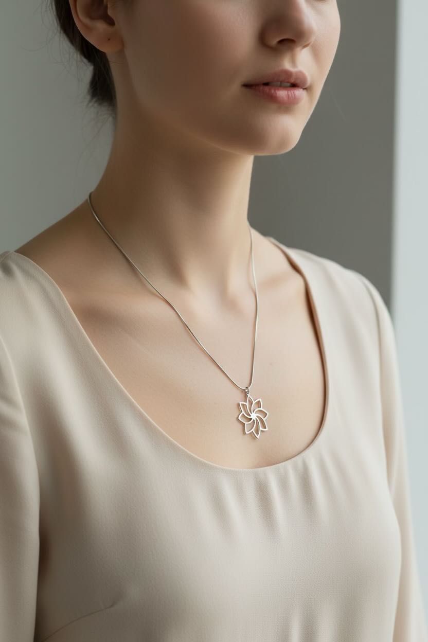 A close-up of a woman wearing a delicate silver-tone flower-shaped pendant necklace with a fine chain, paired with a beige scoop-neck top.
