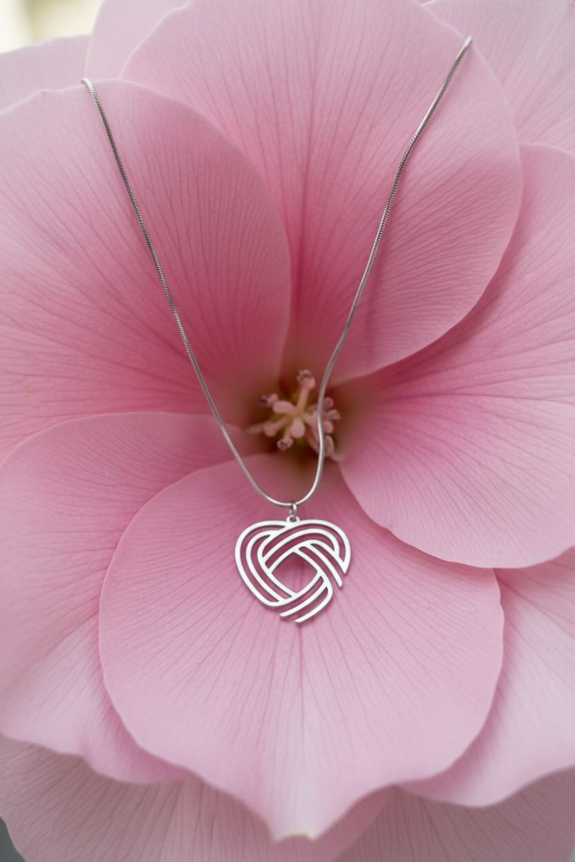 A silver necklace with a heart-shaped interwoven pendant, displayed on the center of a large pink flower.