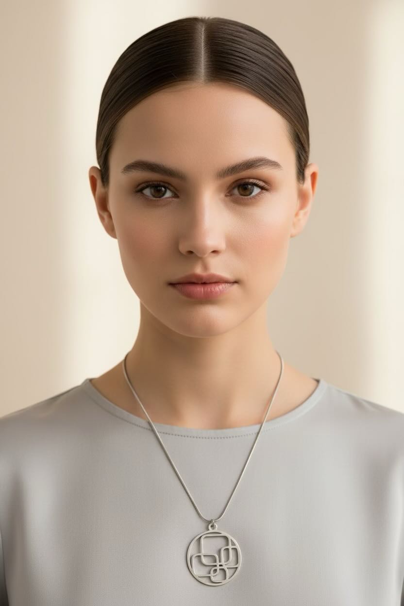 A close-up portrait of a woman wearing a delicate silver pendant necklace with a circular geometric design, paired with a light gray top against a soft beige background.