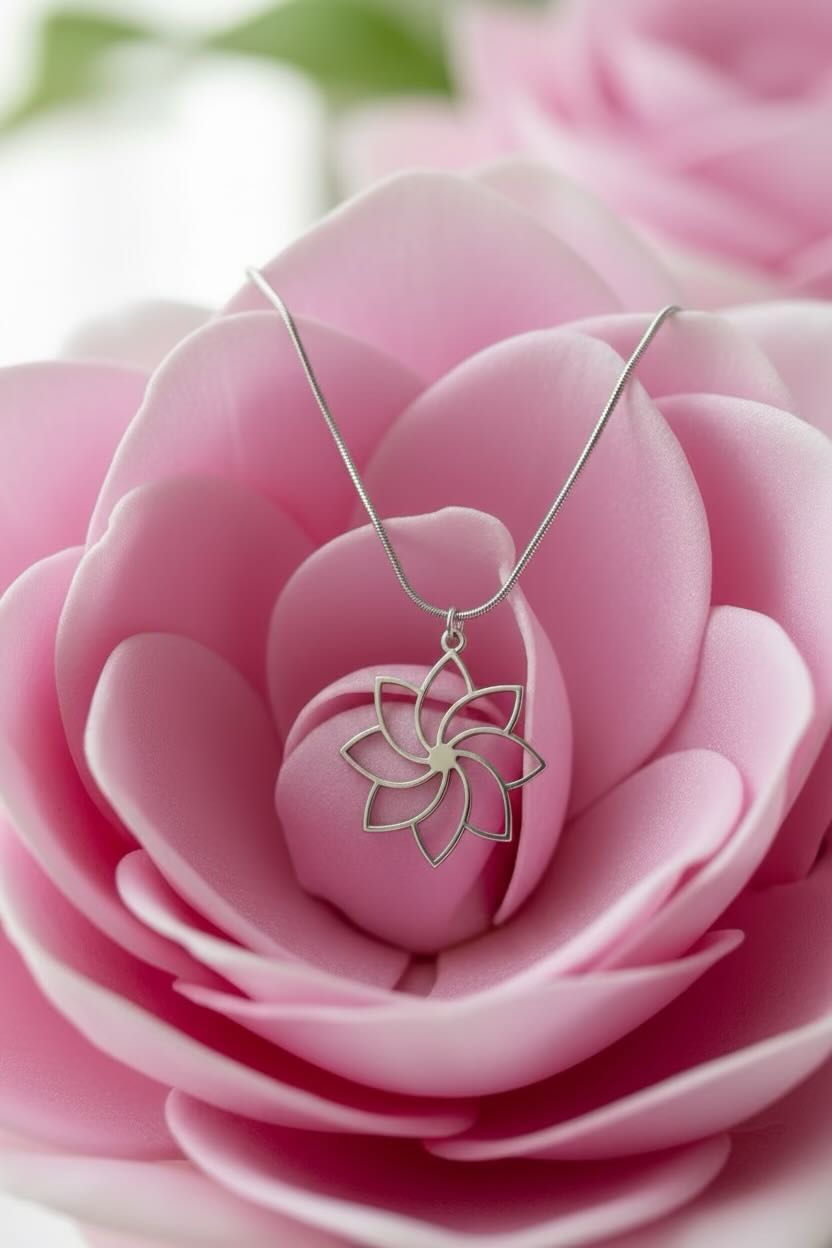 A delicate silver necklace with a flower-shaped pendant resting on the center of a large pink rose.